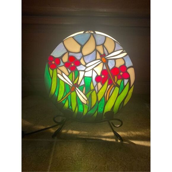Dragonfly Floral Round Stain Leaded Glass Plate Lamp - Picture 9 of 16